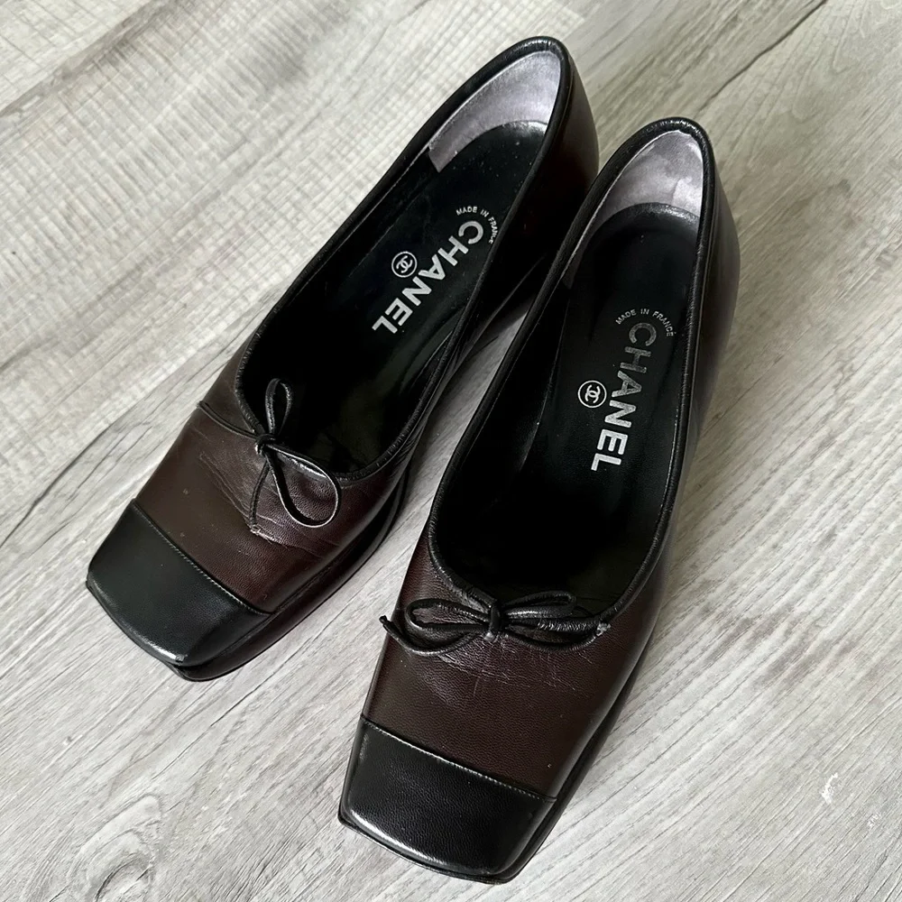 Vintage Chanel Cap Toe Ballerina Shoes with self tie Bows & Platform heels